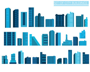 Set of city buildings in dark blue. Modern skyscrapers