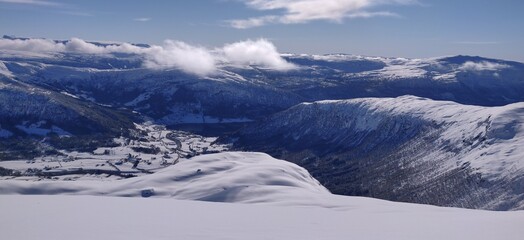 Snow winter landscape with blue sky norway 