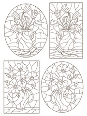 Set of contour stained glass illustrations, bouquets of flowers in vases, dark contours on a white background