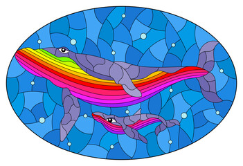 An illustration in the style of a stained glass window with blue whales on a background of water and air bubbles, oval image