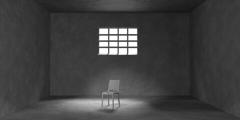 Dark prison cell with chair, barred window and sunlight on floor 3d render. Interior empty jail room, cage for criminals and prisoners. Interrogation room or torture chamber concept. 3D illustration - obrazy, fototapety, plakaty