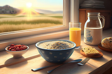 Obraz na płótnie Canvas breakfast tray with coffee, orange juice, cereals and fruits. Generative Ai