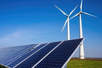 Wind turbine facility for clean electricity solar, blue sky and sun