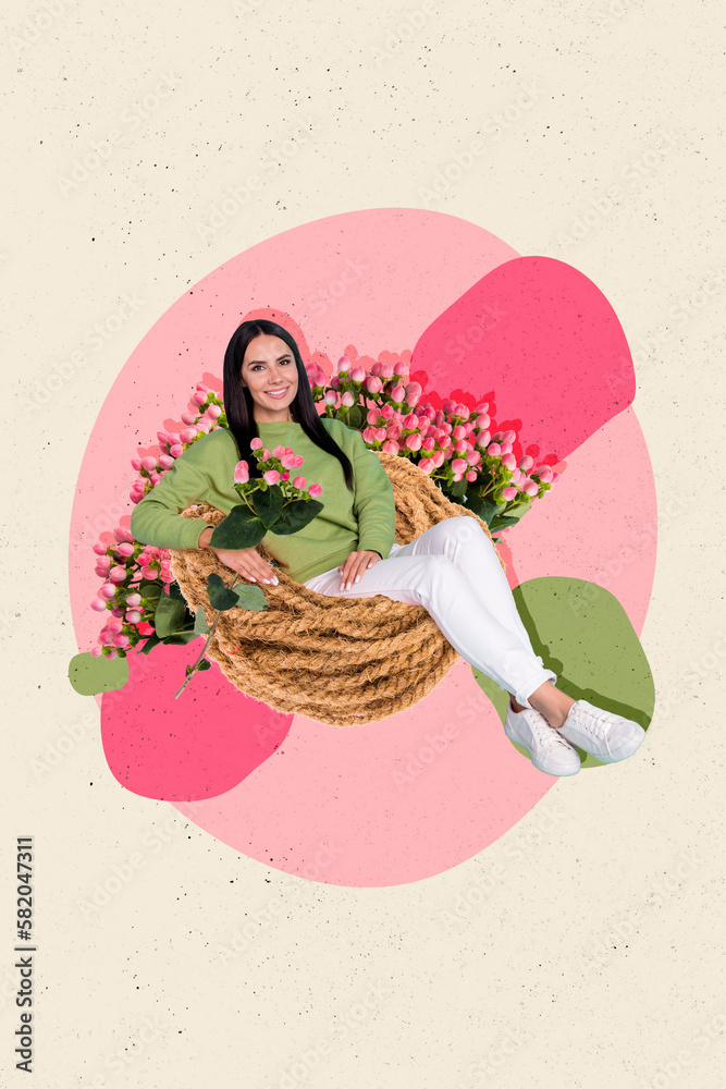 Sticker Creative art collage photo of young pretty lady sitting in big bunch fresh natural wildflowers international woman day isolated on pink background