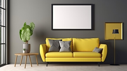 Blank picture frame hanging on a grey wall above a yellow couch. Mock up template for Design or product placement created using generative AI tools