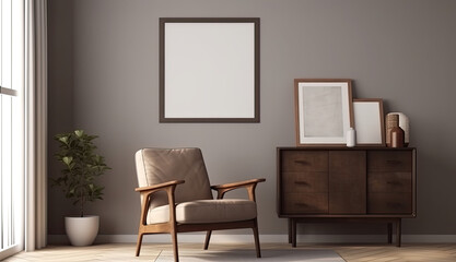 Blank picture frame in a cosy room with a beige armchair and a wooden sideboard. Mock up template for Design or product placement created using generative AI tools