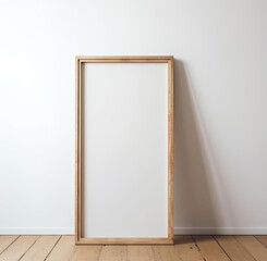 Blank wooden vertical picture frame leaning against a white wall on a wooden floor. Mock up template for Design or product placement created using generative AI tools