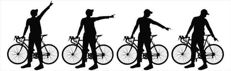 Fototapeta na wymiar The guy with the bike. A group of cyclists. The young man shows his hands in different directions. Route search. Side view, profile. Four silhouettes in black color isolated on white background