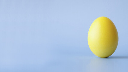 Colored yellow Easter egg on a light blue background with a place for text