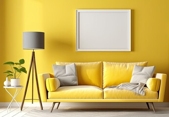 Blank picture frame hanging on yellow wall above a yellow couch. Mock up template for Design or product placement created using generative AI tools