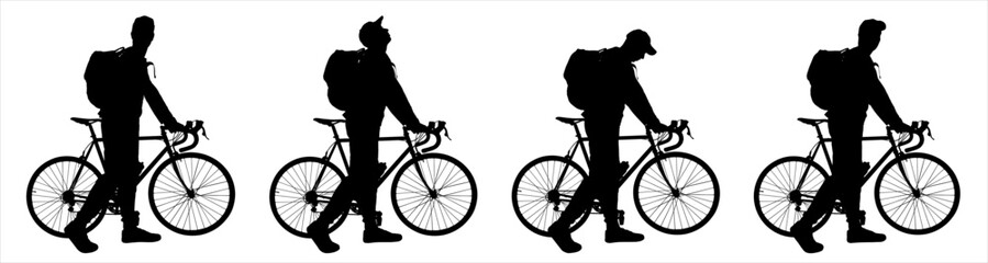 A group of cyclists with big tourist backpacks on their backs and wearing caps are looking around at something. A guy with the bike. Side view. Silhouettes of a man in black color isolated on a white