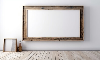 Blank wooden vertical picture frame hanging on a white wall in a room with wooden floor. Mock up template for Design or product placement created using generative AI tools