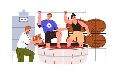 Naklejka na ściany i meble Traditional winemaking process, grape treading, stomping. Barefoot winemakers walking in vat with feet for wine making, production, manufacture. Flat vector illustration isolated on white background
