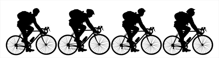 Cyclists ride in one line, one after another. Safe sport. Sports protective helmet, backpack on the back, sports suit. Competitions. Side view. Four silhouettes in black color isolated on white