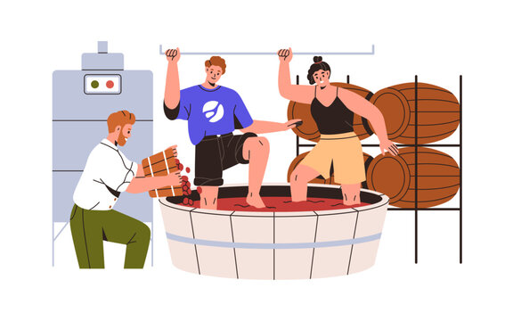 Traditional winemaking process, grape treading, stomping. Barefoot winemakers walking in vat with feet for wine making, production, manufacture. Flat vector illustration isolated on white background