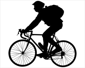 Guy cyclist. Bike. Sport. Outdoor sports. Safe sport. Sports protective helmet, backpack on the back, sports suit. Competitions. Side view. One black color silhouette isolated on white background