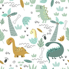 Baby seamless pattern with cute dinosaurus, plants, eggs, bones. Creative vector childish background for fabric, textile, nursery wallpaper. Vector Illustration. © Юлия Ткачук
