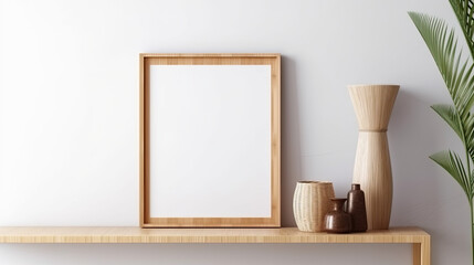 Blank wooden picture frame standing on a wooden shelf. Mock up template for Design or product placement created using generative AI tools