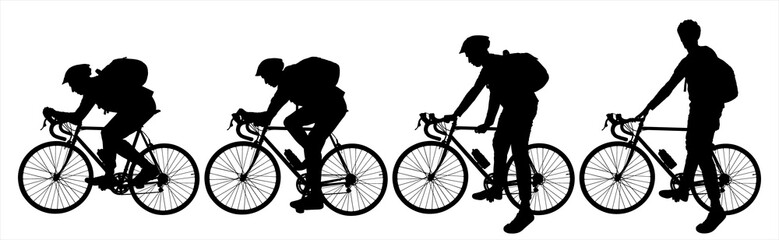 A guy in a protective sports helmet with a backpack behind his back. A cyclist is preparing to get on the bike, gets on the bike, and rides the bicycle. Side view. Black color silhouette isolated