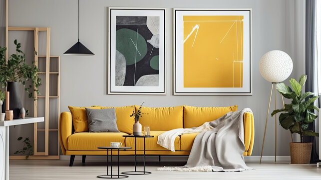 Modern living room with a yellow couch. Interior  design concept created using generative AI tools.