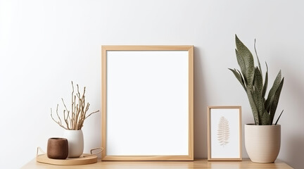 Blank wooden picture frame standing on a wooden shelf. Mock up template for Design or product placement created using generative AI tools