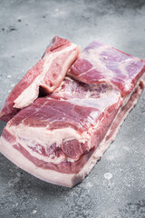 Raw pork belly with skin on a butcher table. Gray background. Top view
