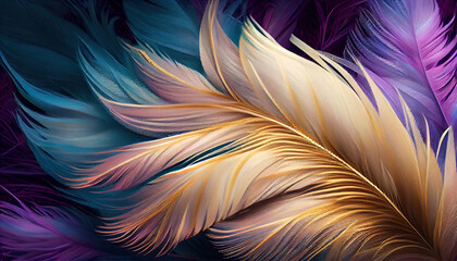 Colorful vintage feather organic background, viva magenta, violet and gold lines color, illustration