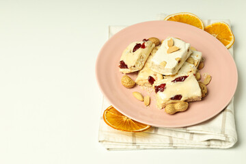Concept of tasty food, nougat, space for text