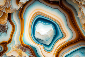 Natural geode stone background, teal blue and golden colors