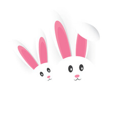 Isolated Happy Easter Template, Card Design - A Couple of Funny Cute White Bunnies with Long Ears - Design with Copyspace Isolated on White Background, Vector Illustration