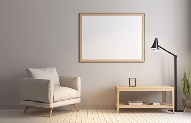 Blank wooden picture frame in a modern living room. Mock up template for Design or product placement created using generative AI tools