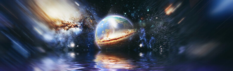 Earth Deep reflected space in water . Starry outer space background texture . Colorful Starry Night Sky Outer Space background ,Elements of this image furnished by NASA.