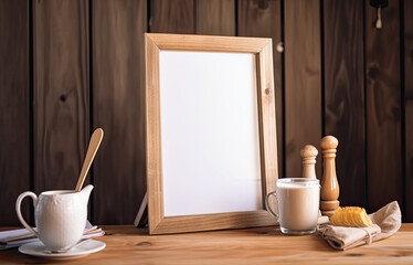 Fototapeta na wymiar Blank wooden picture frame sitting on a breakfast table. Mock up template for Design or product placement created using generative AI tools