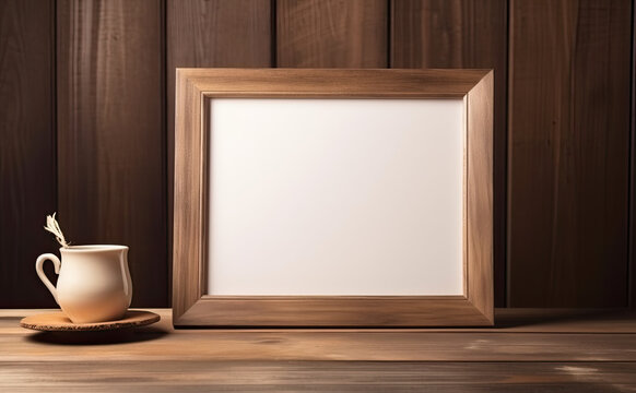 Blank wooden picture frame sitting on a breakfast table. Mock up template for Design or product placement created using generative AI tools