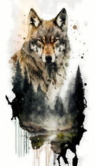 Watercolor wolf. Generative AI