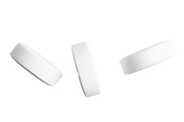 White round pills, group of drugs and tablets for treatment, isolated on transparent background, medicine and healthcare concept, top view