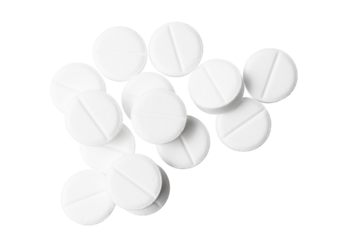 Collection of white round pills, group of drugs and tablets for treatment, isolated on transparent background, medicine and healthcare concept, top view