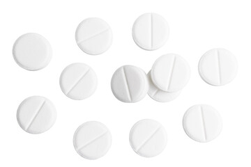 Collection of white round pills, group of drugs and tablets for treatment, isolated on transparent background, medicine and healthcare concept, top view