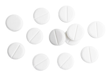 Collection of white round pills, group of drugs and tablets for treatment, isolated on transparent...