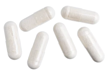 Foto auf Acrylglas White gel medical capsules, group of vitamin supplement pills or drugs for treatment, isolated on transparent background, medicine and healthcare concept, top view © O.Farion
