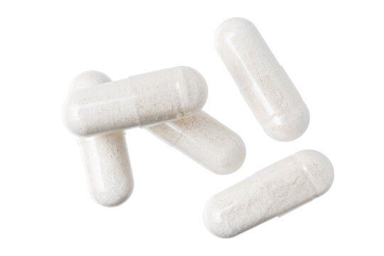 White gel medical capsules, group of vitamin supplement pills or drugs for treatment, isolated on transparent background, medicine and healthcare concept, top view