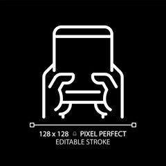 Hand with tablet pixel perfect white linear icon for dark theme. Person using mobile device. Browsing internet via gadget. Thin line illustration. Isolated symbol for night mode. Editable stroke