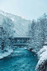 Bridge over the river in the mountains, town centre of Chamonix, France