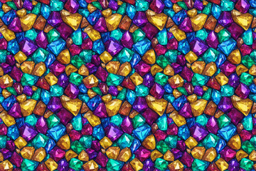 Fototapeta na wymiar Seamless pattern with bunch of multicolored crystals, rubies, emeralds, amber. Generative AI