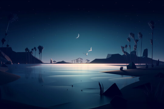 beach at night, light in California, minimalistic. generative ai