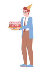 Happy male office worker holding birthday cake semi flat color vector character. Editable figure. Full body person on white. Simple cartoon style spot illustration for web graphic design and animation