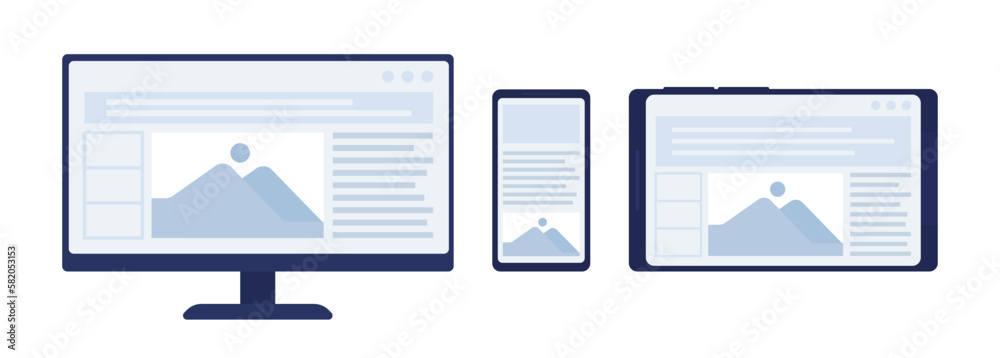 Fototapete Cross-platform website semi flat color vector device screens pack. Editable icons. Full sized elements on white. Simple cartoon style spot images set for web graphic design and animation