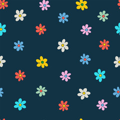 Fototapeta na wymiar Seamless pattern with small colorful flowers in retro style. Retro 60s, 70s design for gift wrap, textile, home decor