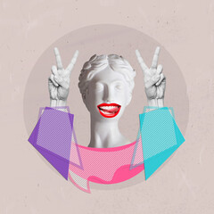 Antique female statue showing a peace gesture with hands and tongue on a light textured background. Trendy abstact collage in magazine surreal style. 3d contemporary art. Modern design