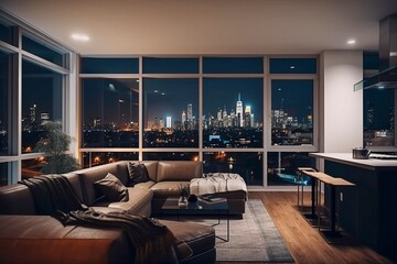 Darkly Lit Modern Apartment at Night, Cityscape Skyline Visible Through Large Windows, AI-Generated